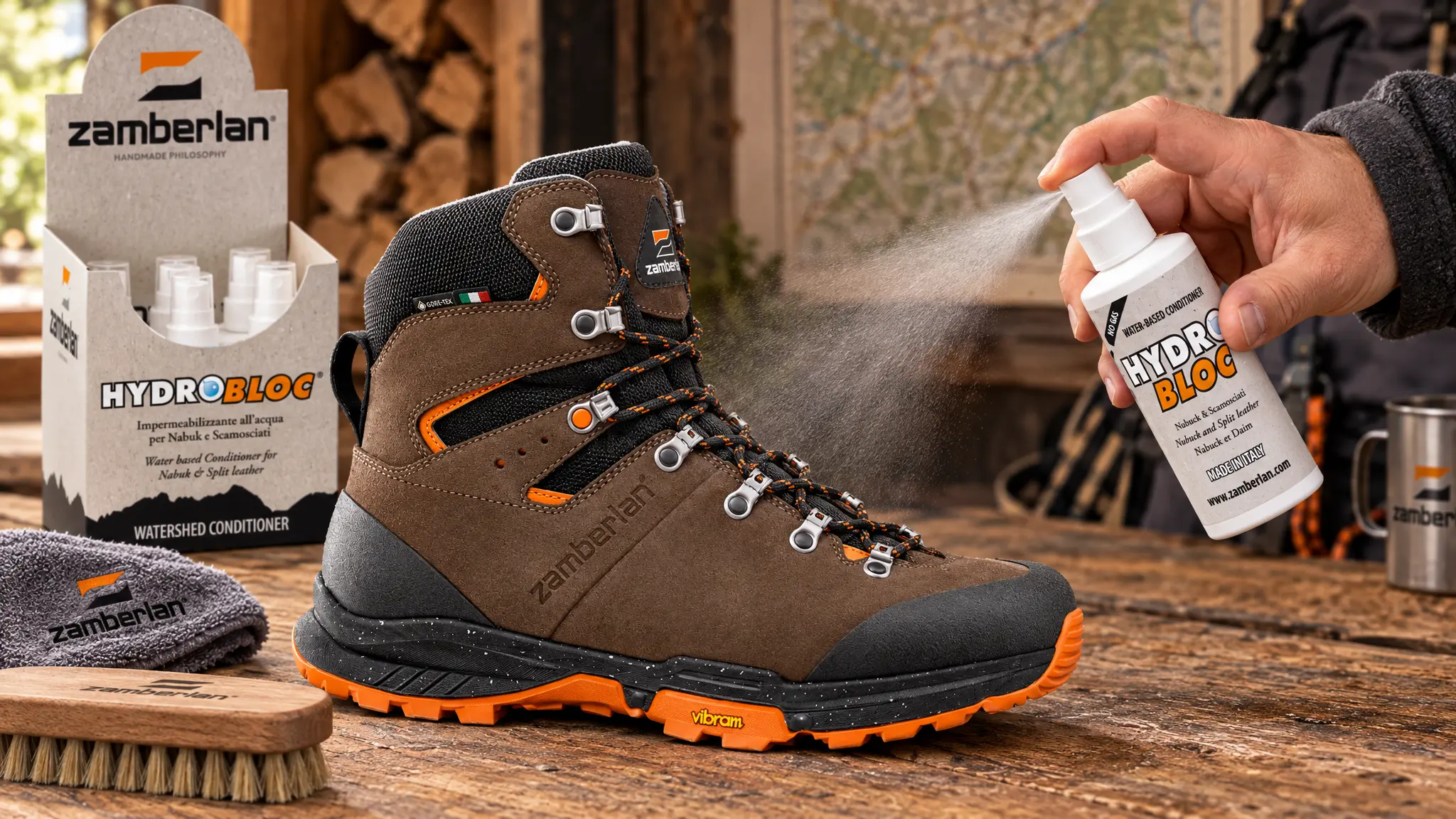Hydrobloc-Spray wird auf einen braunen Zamberlan Thunder Pro GTX Lederstiefel aus Perwanger-Leder gesprüht, daneben Pflegeset und Bürste